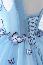 Princess V Neck Chapel Train Chiffon Sky Blue Prom Dresses With Butterfly Applique