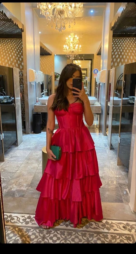 Generous A-line Tiered Satin Evening Dress Graduation Dress Y1048