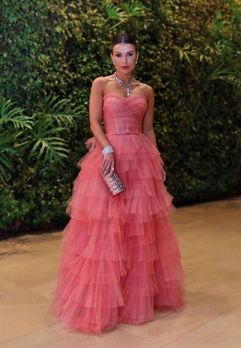 Romantic Frill-Layered Tulle Evening Dress Strapless Tulle Prom Dress Y1057