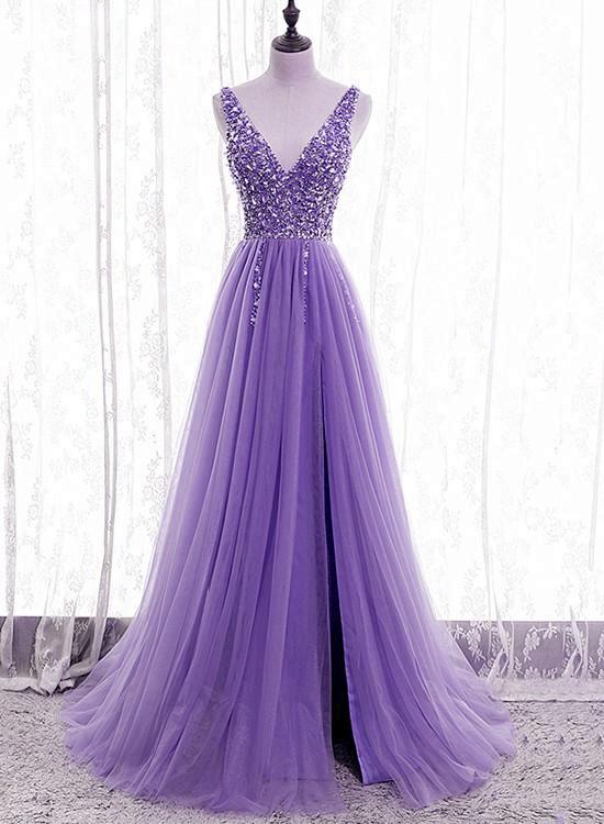 Purple Beaded V-neckline Tulle Sparkle Party Dress Evening Dress Purple Tulle Prom Dress Y1008