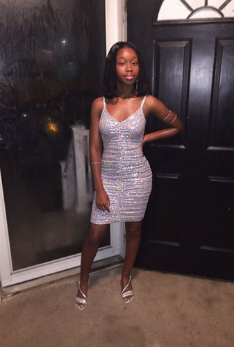 Gorgeous V Neck White Sequins Party Dress Cocktail Dress Short Homecoming Dress Y830