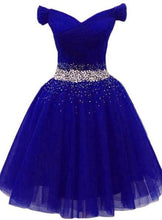 Charming Royal Blue Tulle Party Dress Beaded Short Homecoming Dress Y675