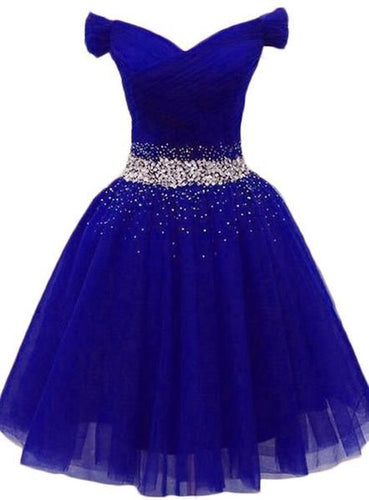 Charming Royal Blue Tulle Party Dress Beaded Short Homecoming Dress Y675