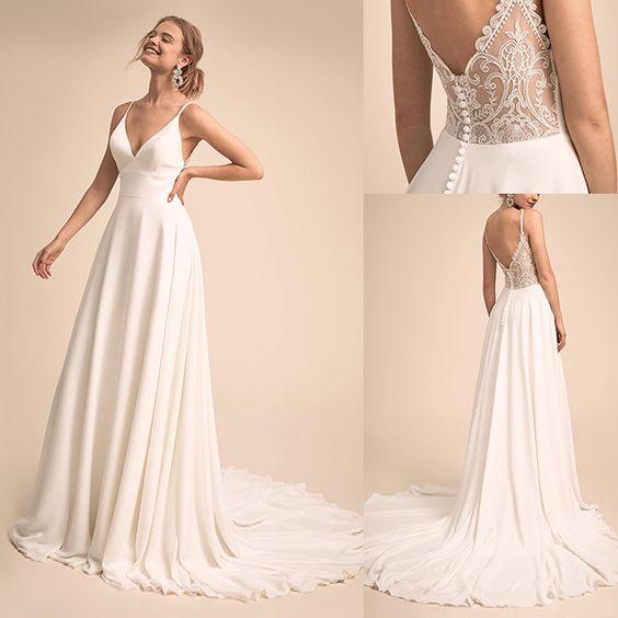 Simple V Neck Spaghetti Straps Chiffon A Line Wedding Dress With Lace Back Bridal Gown 2025