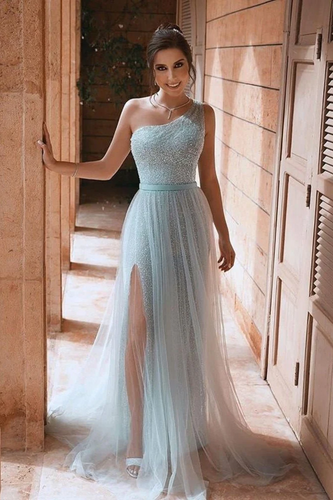 Sexy Sequins & Tulle Sleeveless One Shoulder Prom Dresses With Side Slit Sparkly GJS743