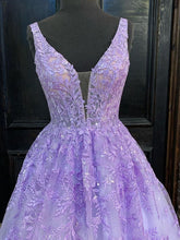 Purple Long A-line V Neck Tulle Lace Prom Formal Graduation Evening Dresses