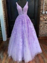 Purple Long A-line V Neck Tulle Lace Prom Formal Graduation Evening Dresses