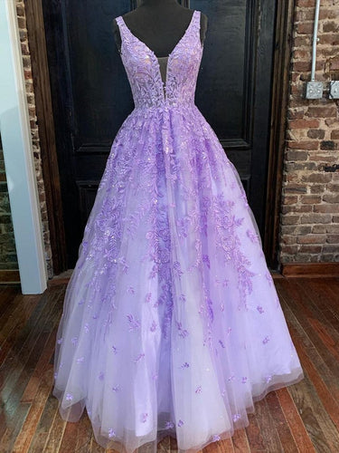Purple Long A-line V Neck Tulle Lace Prom Formal Graduation Evening Dresses