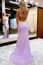 Lilac Mermaid Sequined V Neck Open Back Prom Dresses With Slit, Party Dresses GJS744