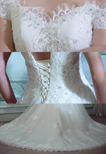 Gorgeous Off Shoulder Short Sleeve Lace Appliques Beading Sparkly Ball Gown Cathedral Train Wedding Dress,DB091