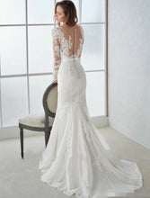 Engagement Open Back Formal Wedding Dresses Mermaid / Trumpet V Neck Long Sleeve Sweep / Brush Train Lace Bridal Gowns With