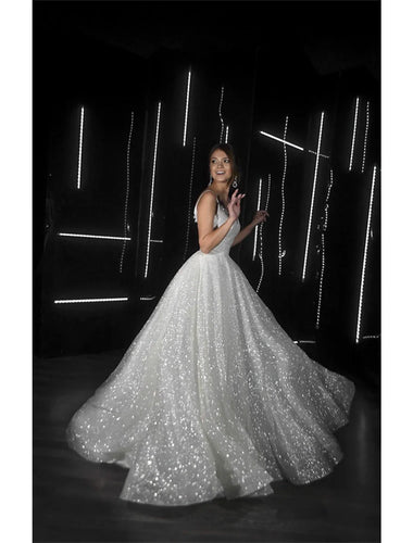 Hall Sparkle & Shine Casual Wedding Dresses A-Line Camisole V Neck Spaghetti Strap Sweep / Brush Train Sequined Bridal Gowns With Solid Color