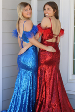 Red Sequins Cold Shoulder Feathers Long Prom Dress with Slit