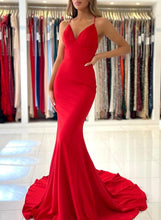 Long Mermaid V-neck Backless Red Prom Dresses