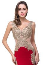 Red V-Neck Mermaid Sweep-length Appliques Formal Dresses