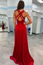 Rylan| Red Velvet Plunge V Cross Back A-Line Long Formal Dress