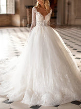 A-Line V Neck Court Train Lace Tulle Backless Wedding Dresses with Sleeves