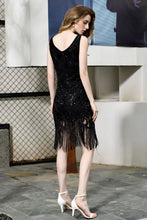 Retro Sparkly Sequins Slim Prom Dress Black V-Neck Sleeveless Flapper Roaring Party Dress