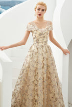Romantic Floral Short Sleeves aline Spring Evening Party Dress Floor Length Dancing Dress