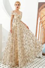 Romantic Floral Short Sleeves aline Spring Evening Party Dress Floor Length Dancing Dress