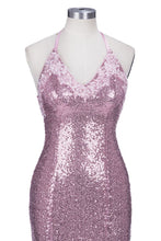 Rose Pink Sequins Mermaid Long Spaghetti Straps V-neck Prom Dresses