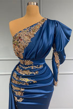 Royal Blue Asymmetric One Shoulder Stretch Satin Prom Dress with Appliques