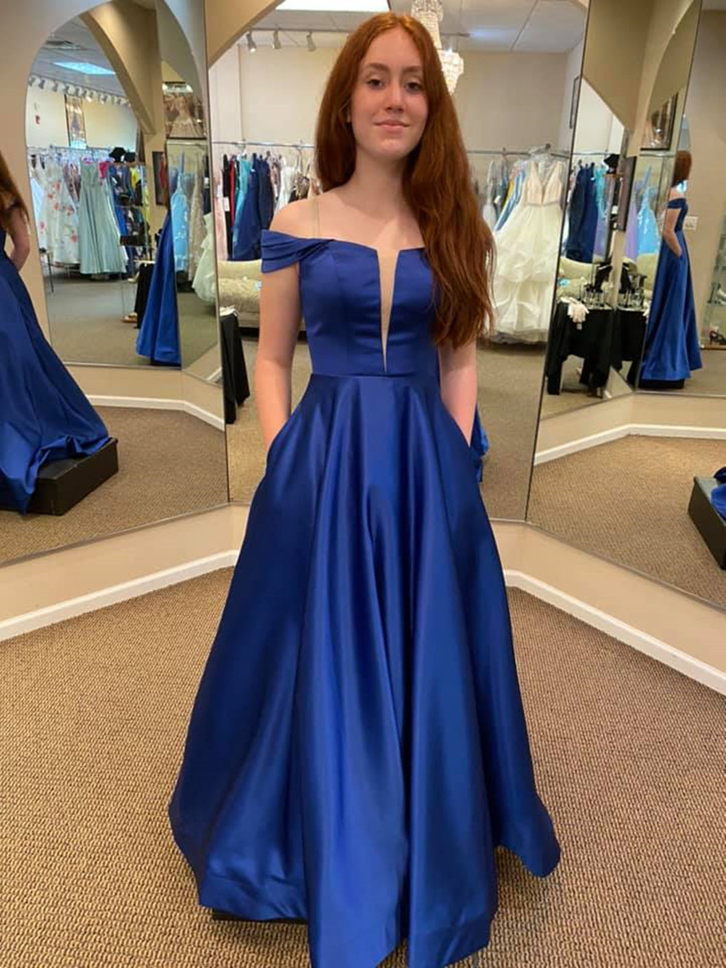 Royal Blue Long A-line Off the Shoulder Satin Prom Dress with Pocktes