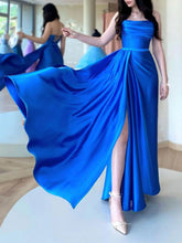 Royal Blue Long A-line Strapless Open Back Satin Formal Graduation Prom Dresses with Slit