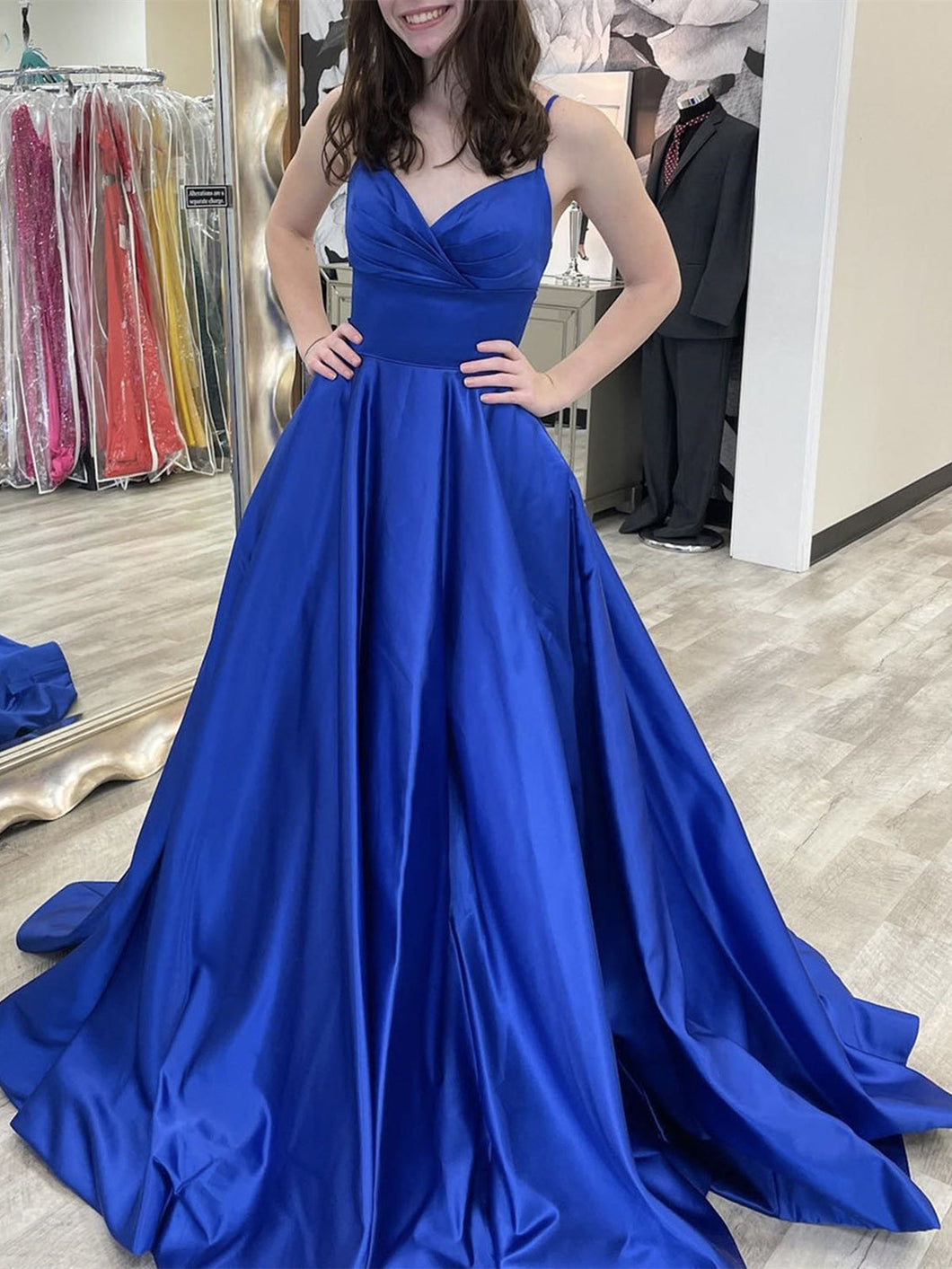 Royal Blue Long A-line V-neck Satin Backless Formal Prom Dress