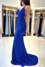 Royal Blue Long Mermaid V-neck Spaghetti Straps Backless Sequined Formal Prom Dresses