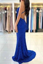 Royal Blue Long Mermaid V-neck Spaghetti Straps Backless Sequined Formal Prom Dresses