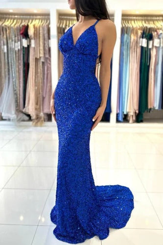 Royal Blue Long Mermaid V-neck Spaghetti Straps Backless Sequined Formal Prom Dresses