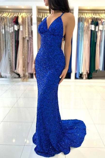 Royal Blue Long Mermaid V-neck Spaghetti Straps Backless Sequined Formal Prom Dresses