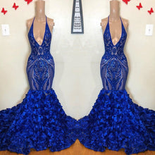 Royal Blue Mermaid Prom Dress Flowers Bottom Sequins V-Neck