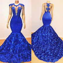Royal Blue Mermaid Sexy Flowers Sleeveless Sheer Evening Dress