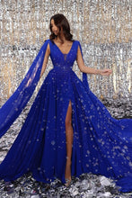 Royal Blue V-Neck Sleeveless Front Slit Chiffon Prom Dress with Ruffles