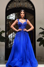 Royal Long Blue Sleeveless Prom Dresses A-line Lace Evening Dresses