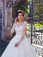 Engagement Formal Wedding Dresses Court Train Ball Gown Long Sleeve Illusion Neck Lace With Lace Appliques