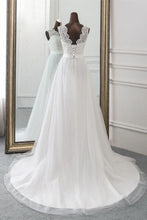A-line Elegant Long Jewel Tulle Appliques Lace Wedding Dress