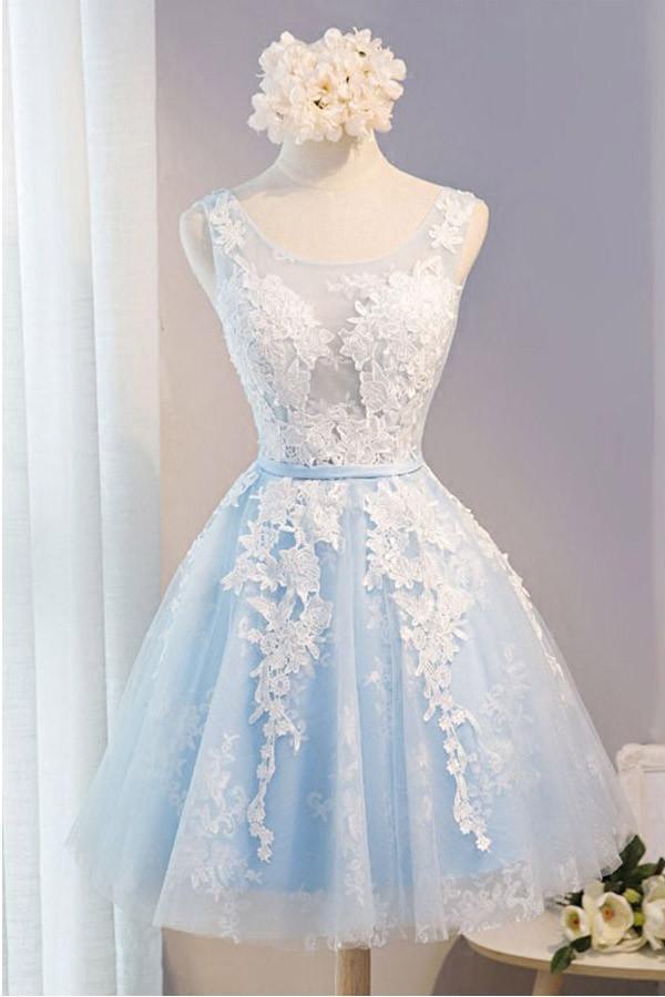 Scoop Neck Short Tulle Homecoming Dress Party Dress With Appliques Lace PG137