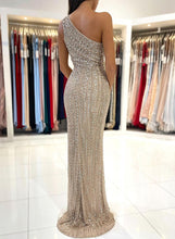 Elegant Mermaid One Shoulder Sequined Sleeveless Long Prom Dress with Front Split
