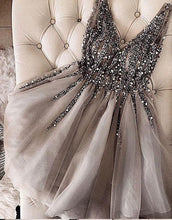 Sequins Beaded V-neck Tulle Short Prom Dresses Gray Homecoming Dresses PD336