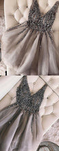 Sequins Beaded V-neck Tulle Short Prom Dresses Gray Homecoming Dresses PD336