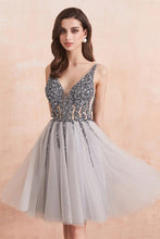 Sequins Beaded V-neck Tulle Short Prom Dresses Gray Homecoming Dresses PD336