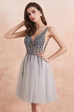Sequins Beaded V-neck Tulle Short Prom Dresses Gray Homecoming Dresses PD336