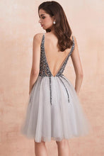 Sequins Beaded V-neck Tulle Short Prom Dresses Gray Homecoming Dresses PD336