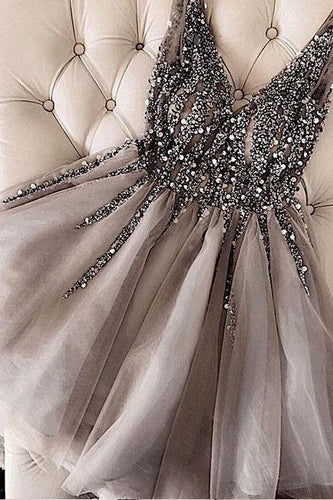 Sequins Beaded V-neck Tulle Short Prom Dresses Gray Homecoming Dresses PD336