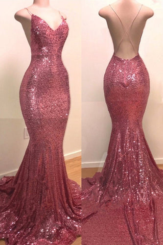 Sequins V-neck Sleeveless Spaghetti Backless Prom Dresses