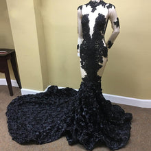Sexy Black Long Sleeve Prom Dress Lace Evening Gown With Flowers Bottom