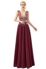 Sexy Deep V-Neck aline Evening Dress Sleeveless Crystals Floor Length Prom Dress quincenera Dress